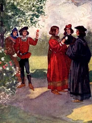 ... Os nobres arrancaram rosas vermelhas ou brancas e as colocaram em seus bonés, século XV, 1905.