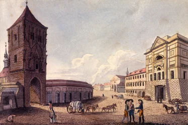 Torre da Pólvora e Casa de Alfândega de Hybern, Praga, c.1810 (gravura colorida)