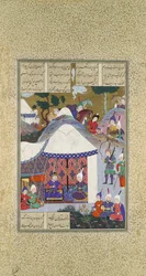 Zal questiona as intenções de Sam em relação à Casa de Mihrab, Folio 81v..., ca. 1525-30.