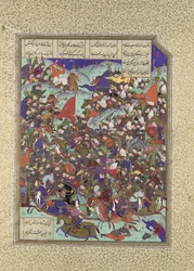 Kai Khusrau Derrota o Exército de Makran, Folio 376v do Shahnama Book of..., ca. 1525-30.