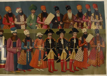Adicionar Or. 1241 O Tribunal de Fath Ali Shah com os Enviados Britânicos Sir John Malcolm, Sir Harford Jones Brydges, e Sir Gore Ouseley. Imagem parcial do Mural do Palácio do Nigaristão