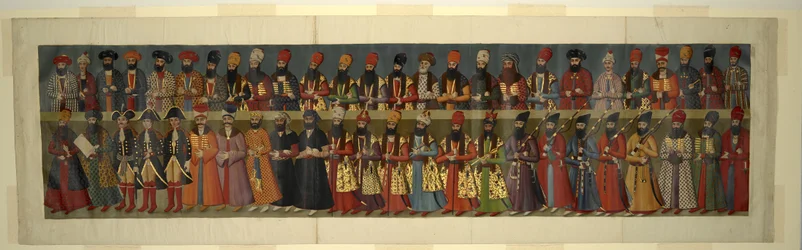 Ou. 1242 Cópia do Grande Mural no Palácio do Nigaristão. A Corte de Fath Ali Shah com os enviados britânicos Sir John Malcolm, Sir Harford Jones Brydges e Sir Gore Ouseley