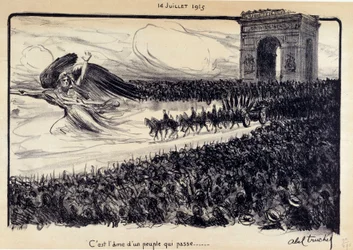 Primeira Guerra Mundial: "É a alma de um povo que passa" Celebração de 14/07/1915. A alegoria da República guiando o povo diante do Arco do Triunfo em Paris. Desenho de Abel Truchet (1857-1918)