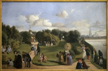 Vista de La Rochelle (jardim dos banhos Marie-Thérèse). Figuras da burguesia num parque: casal a conversar num banco, homens a cumprimentar senhoras, criança a brincar com um aro. Pintura de Alexandre Abel de Pujol (1785-1861)