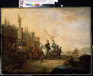 "" Viajantes a cavalo "" (Cavaleiros) Uma família em uma viagem em uma paisagem do Oriente Médio. Pintura de Abraham Begeyn (1637-1697) Museu de Arte Mikhail Kroshitsky do século XVII, Sebastopol (Sevastopol) Ucrânia