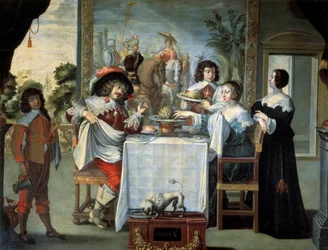 Cinco sentidos, gosto de pintor anónimo, cópia da gravura de Abraham Bosse (1602-1676), óleo sobre tela - "Os cinco sentidos: o gosto" Cena de degustação de uma refeição refinada composta por melões, alcachofras, numa bela casa nobre. Pintura de Abraham Bo