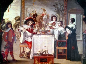 A hora da refeição nesta época do reinado de Luís XIII em 1610-1643 (óleo sobre tela)