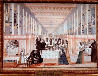 Visita de Ana da Áustria ao Hospital das Irmãs da Caridade. Com O Golfinho (mais tarde Luís IV) (guache, c.1640)