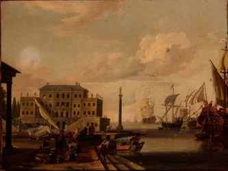 Um capriccio de um porto mediterrâneo com mercadores e navios ancorados