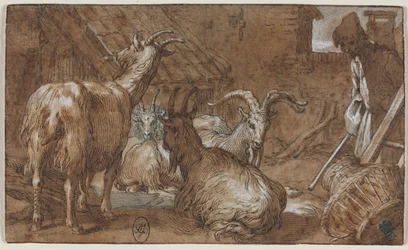 Um curral com cabras e um pastor de cabras, c. 1610-1615.