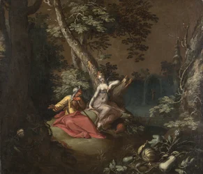 Paisagem com Vertumnus e Pomona, c.1595-1600 (óleo sobre tela montado a bordo)