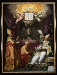 ""os quatro pais da igreja"" Representação de Santo Ambrósio de Milão, Santo Agostinho de Hipona, São Gregório Magno e São Jerônimo - Pintura de Abraham Bloemaert (1566-1651)