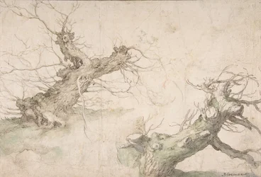 Estudos de Dois Salgueiros Pollard, Verso: Wide Landscape Prospect, final do século XVI a meados do século XVII.