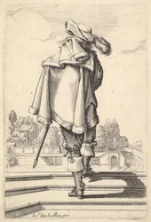 Um cavalheiro, visto por trás, subindo um parapeito, com uma capa sobre o ombro esquerdo ..., 1629.