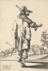 Um senhor, visto por trás, com o braço direito estendido e um manto sobre o esquerdo..., 1629.