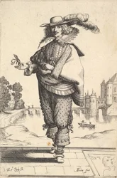 Um cavalheiro em pé na frente de um grande castelo e usando um chapéu emplumado e uma gola de renda ..., 1629.
