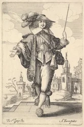 Um cavalheiro andando para a frente, com o braço direito estendido e um chicote na mão esquerda ..., 1629.