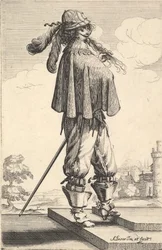 Um cavalheiro vestindo um casaco curto, um capacete e botas com esporas, de pé nos degraus de ..., 1629.