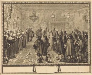 Cerimónia de celebração do contrato de casamento entre Vladislas IV, rei da Polónia, e Luísa Maria de Gonzaga, princesa de Mântua, em Fontainebleau