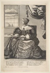 Mulher sentada segurando um livro e cantando, em meados do século XVII.