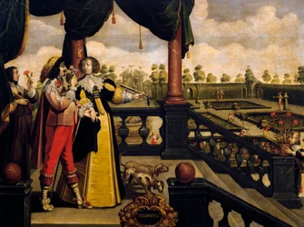 Sentido do olfato, ca. 1635, de Abraham Bosse (1604-1676), após pintura de série de 5 por artista desconhecido, França