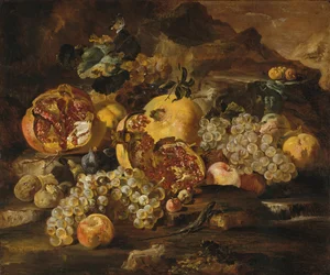 Romãs e outras frutas em uma paisagem.