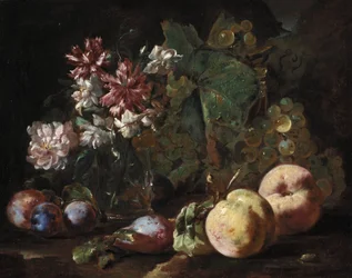 Natureza morta de frutas e flores