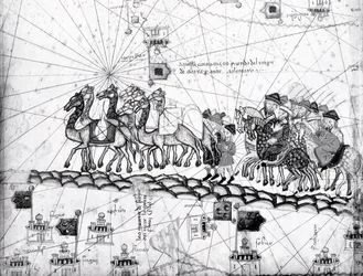 Ms Esp 20 painel 4, Mercadores viajando para Cathay, China, seguindo os passos de Marco Polos, detalhe mostrando a família de Marco Polo viajando de caravana de camelos, do Atlas catalão publicado por Charl