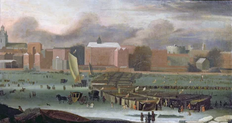 Uma feira de geada no rio Tamisa nas escadas do templo, c.1684