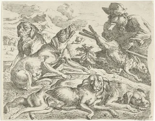 Quatro cães, um caçador e uma lebre