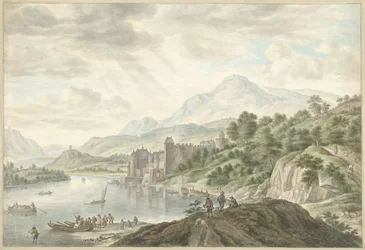 Paisagem montanhosa com um castelo sobre um rio