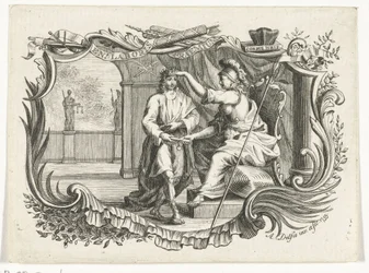 Minerva recompensa ou homenageia o homem pelo seu trabalho, em cartucho