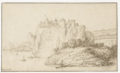 Castelo em uma rocha em uma paisagem fluvial