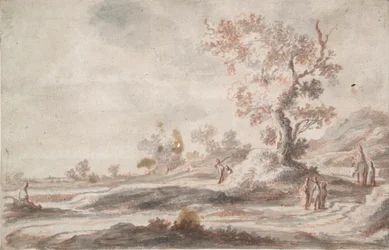 Paisagem com árvores e figuras antigas