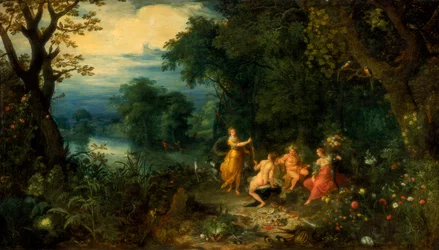 Uma paisagem com madeira, Diana oferece uma lebre a uma ninfa, Silenus e Ceres em primeiro plano, c1614