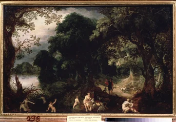 "Diana e Acteon" (Diana e Actaeon) Diana surpreendida no banho pelo caçador Acteon. Pintura de Abraham Govaerts (1589-1626) ca. 1620 Museu Pushkin de Moscovo