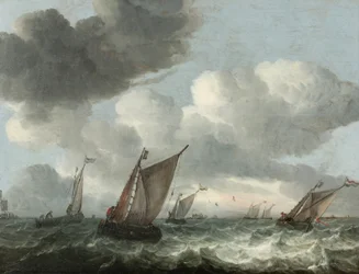 Barcos de pesca ao largo da costa num mar agitado (óleo sobre painel)