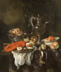 Natureza-morta com uma lagosta, fruta, prata e porcelana, c. 1660