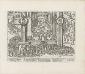 Vista do exterior da Abadia de Westminster durante a coroação de Jaime I, 1603-1604.