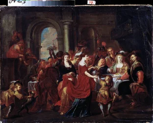 ""festa de Herodes"" (banquete de Herodes) Banquete de Herodes (Herode Antipas) durante o qual a filha de Herodiade (Salomé) exige a cabeça de João Batista (Jean Baptiste) em uma bandeja para oferecê-la à sua mãe. A cabeça do santo é colocada sobre a mesa.