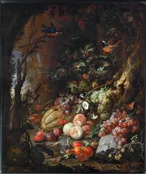 Flores, frutos, pássaros e insectos numa paisagem de ruínas ...