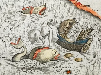 (Detalhe). Monstros marinhos a atacar um navio.