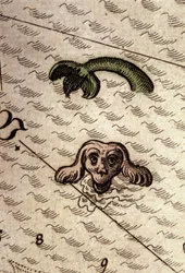 Um monstro marinho tem a cabeça de um cão e um corpo de peixe. Detalhe de um mapa em "Theatrum Orbis Terrarum" de Abraham Ortelius, Antuérpia, 1584.