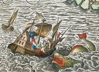 Um navio a ser atacado por um monstro marinho do Typus orbis terrarum, de Abraham Ortelius