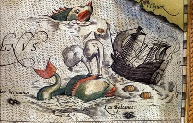 Uma baleia ataca um navio. Placa de uma edição do "Theatrum Orbis Terrarum" do cartógrafo Abraham Ortelius (1527-1598)