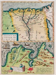 Aegypti Recentior Descriptio. - Carthaginis Celeberrimi Sinus Typus. Mapa geográfico do Egito com as cidades do Nilo e Cartago (Tunísia) do "Theatrum Orbis Terrarum" de Abraham Ortelius (Oertel, Ortell ou Ortel)