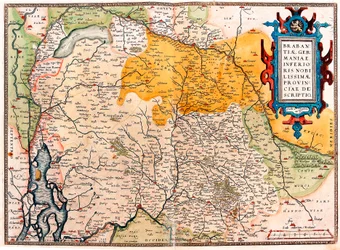 Brabantiae Germaniae Inferioris Nobilissimmae Provinciae Descriptio Mapa geográfico do território ao sul da Holanda Germanic (Kempeland) retirado do "Theatrum Orbis Terrarum" de Abraham Ortelius (Oertel, Ortell ou Ortel)