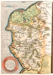 Caletensium et Bononiensium Ditionis Accurata Delineatio Mapa geográfico do território de Boulonnais (Comte de Boulogne), Artois e Flandres Francesa (França) incluindo os lugares de Calais, Arches, Greuelinge, Etaples e Montreuil... retirado de "Theatrum O
