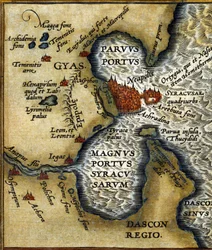 Antigo porto de Siracusa (Sicília) - em "Atlas" de Abrahm Ortelius