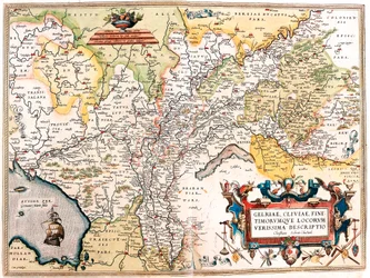Gelriae, Cliviae, Finitimorum Qe Locorum Verissima Descriptio Christiano Schrot. Auctore. Mapa geográfico do território da Holanda alemã de "Theatrum Orbis Terrarum" de Abraham Ortelius (Oertel, Ortell ou Ortel